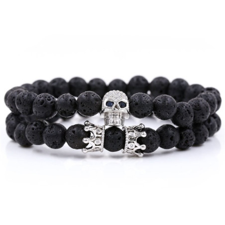 Bracelet Tête de Mort en pierre de lave naturelle et Skull strass