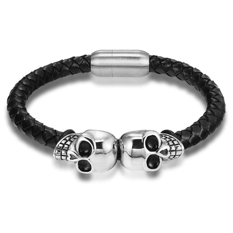 Bracelet en Cuir Tressé Double Têtes de Mort Unies pour Homme