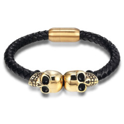 Bracelet en Cuir Tressé Double Têtes de Mort Unies pour Homme