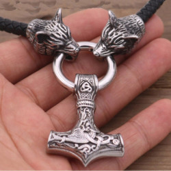 Collier Viking amulette avec marteau du tonnerre et tête de loup - modèle argent