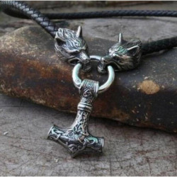 Collier Viking amulette avec marteau du tonnerre et tête de loup - 2 couleurs au choix !