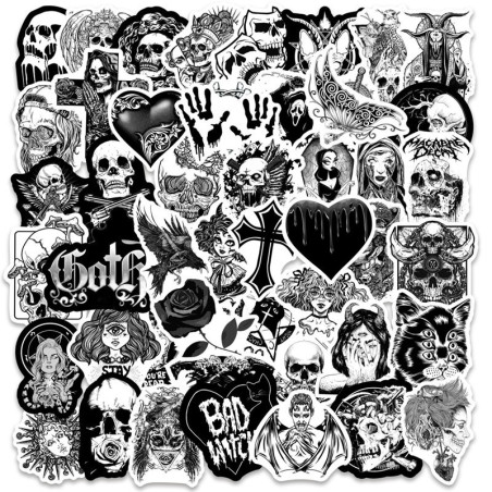 Lot de 10, 30 ou 50 stickers noir et blanc, de style gore et gothique