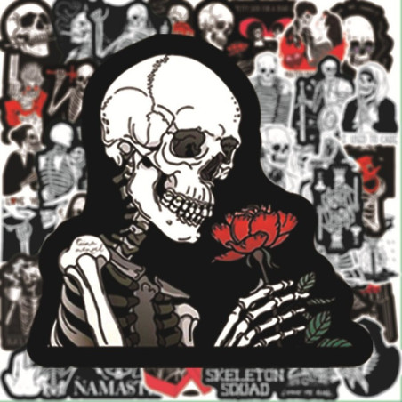 Lot de 10 ou 50 stickers squelettes noir et rouge