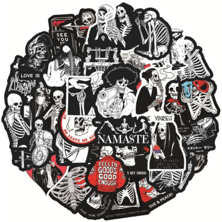 Lot de 10 ou 50 stickers squelettes noir et rouge