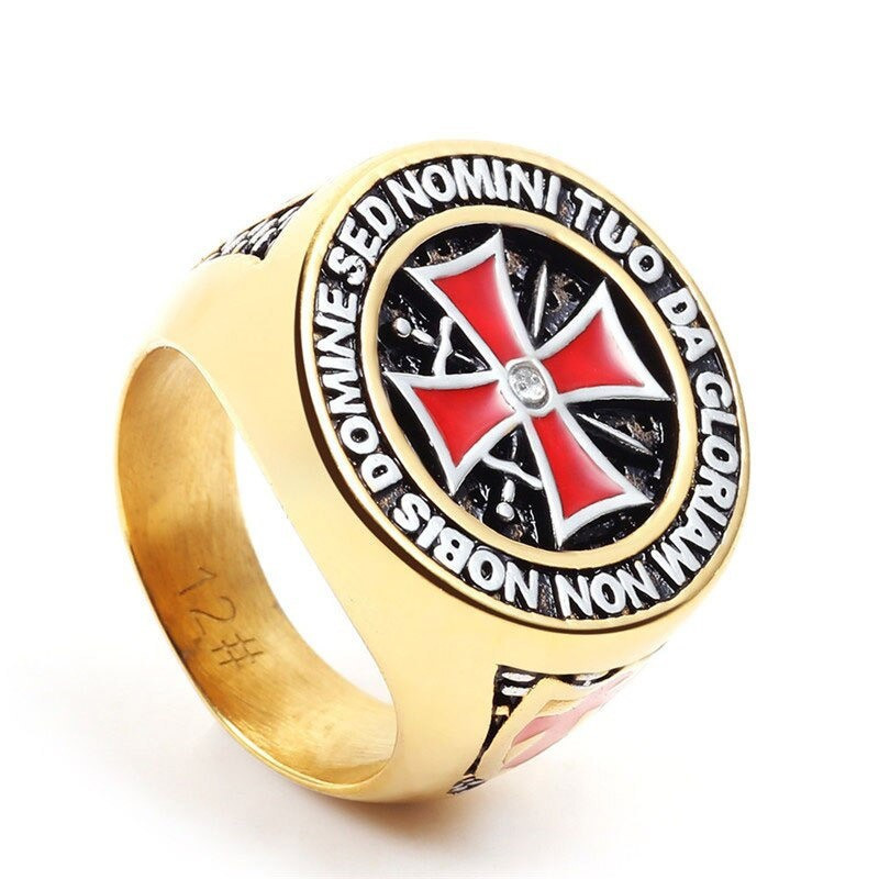 Bague Templier croix rouge avec strass - couleur or et argent