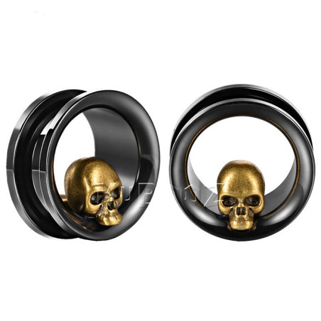 Bouchons extenseurs d'oreilles tête de mortacier inoxydable noir et or