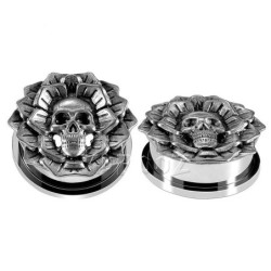Bouchons extenseurs d'oreilles tête de mort fleur en acier inoxydable