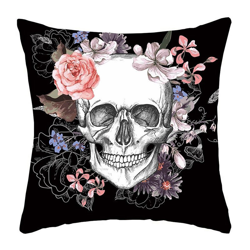 Housse de coussin tête de mort crâne fleuri - 45 x 45 cm