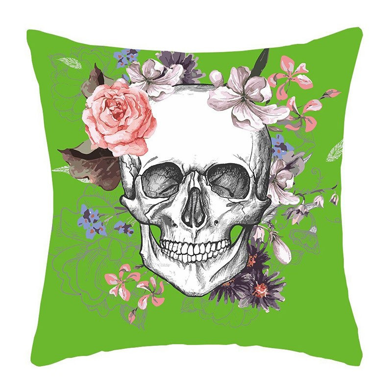 Housse de coussin tête de mort crâne fleuri - 45 x 45 cm - 7 modèles