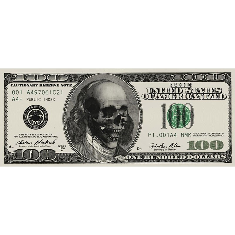 Poster tête de mort crâne billet 100 dollars américain - sans cadre