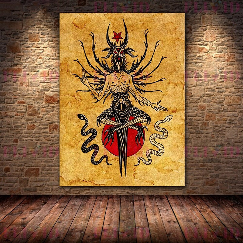 Poster tête de mort crâne et symboles religieux et démons - sans cadre