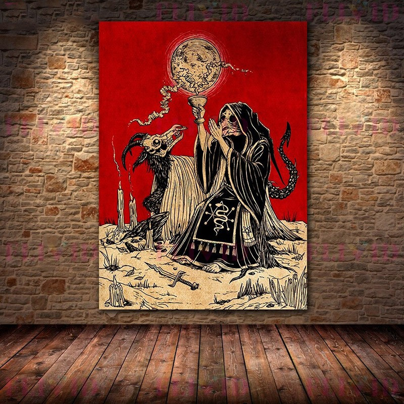 Poster tête de mort crâne et symboles religieux et démons - sans cadre