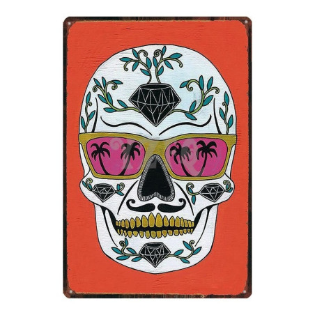 Plaque métal tête de mort avec crâne Santa Muerte - 30 x 20 cm