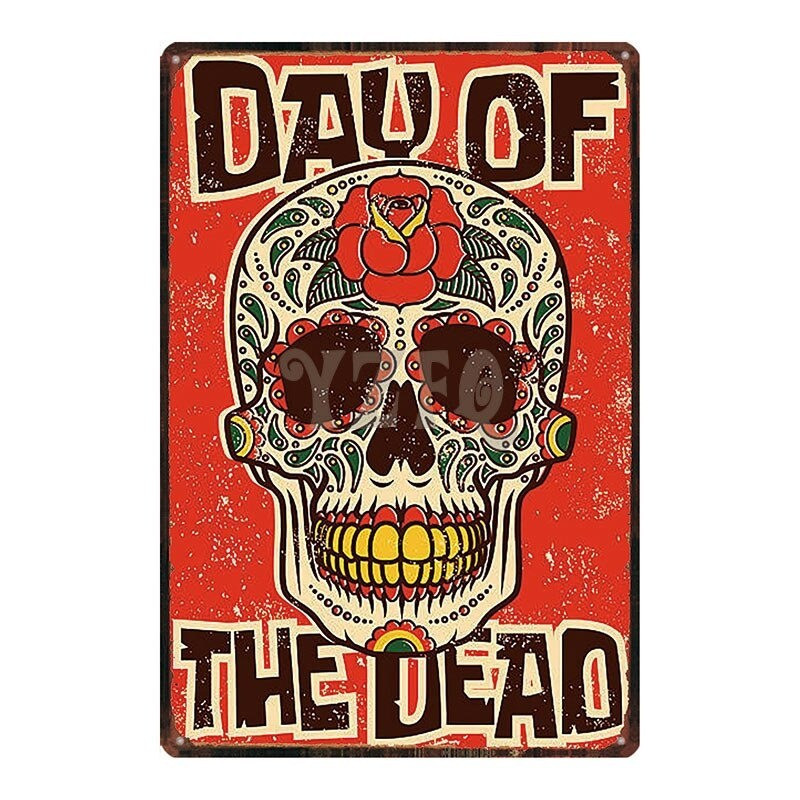 Plaque métal tête de mort avec crâne Santa Muerte - 30 x 20 cm