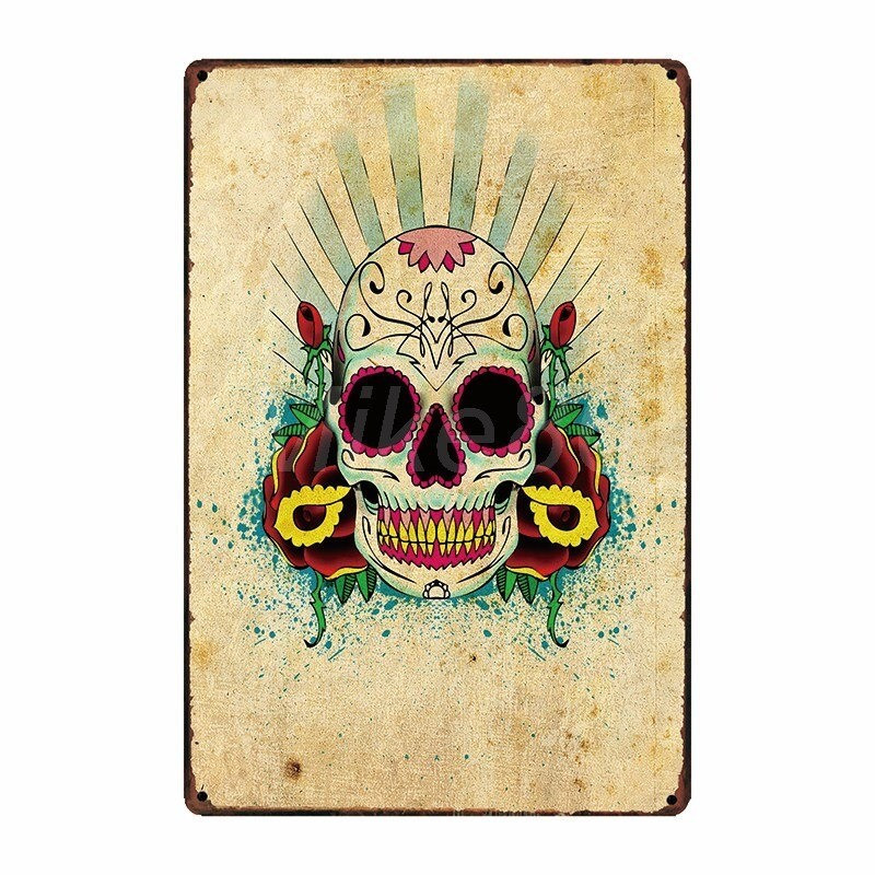 Plaque métal tête de mort avec crâne Mexicain Jour des morts 20x30 cm