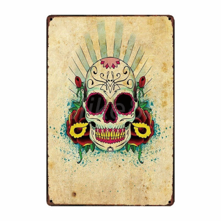 Plaque métal tête de mort avec crâne Mexicain Jour des morts 20x30 cm