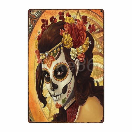 Plaque métal tête de mort avec crâne Mexicain Jour des morts 20x30 cm