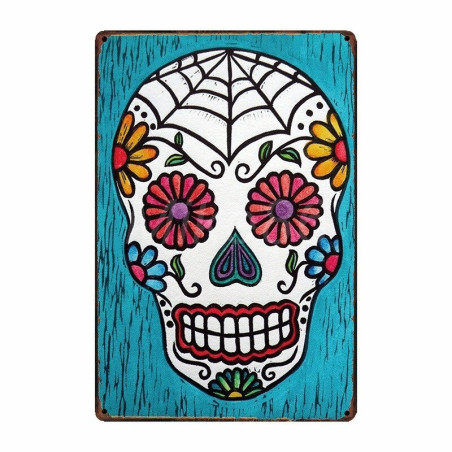Plaque métal tête de mort avec crâne Mexicain Jour des morts 20x30 cm