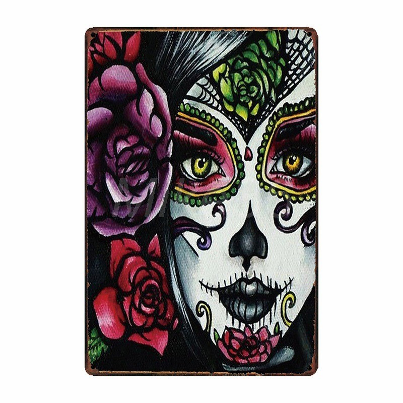 Plaque métal tête de mort avec crâne Mexicain Jour des morts 20x30 cm