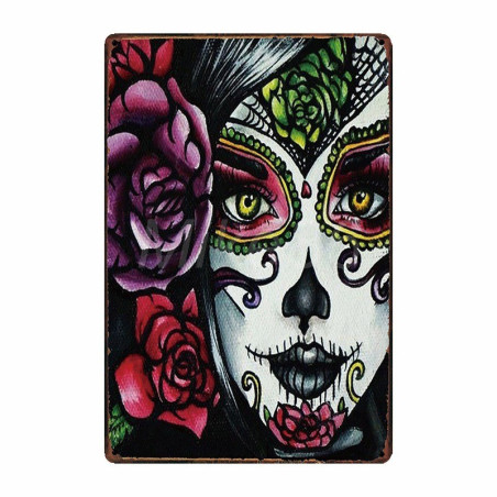 Plaque métal tête de mort avec crâne Mexicain Jour des morts 20x30 cm