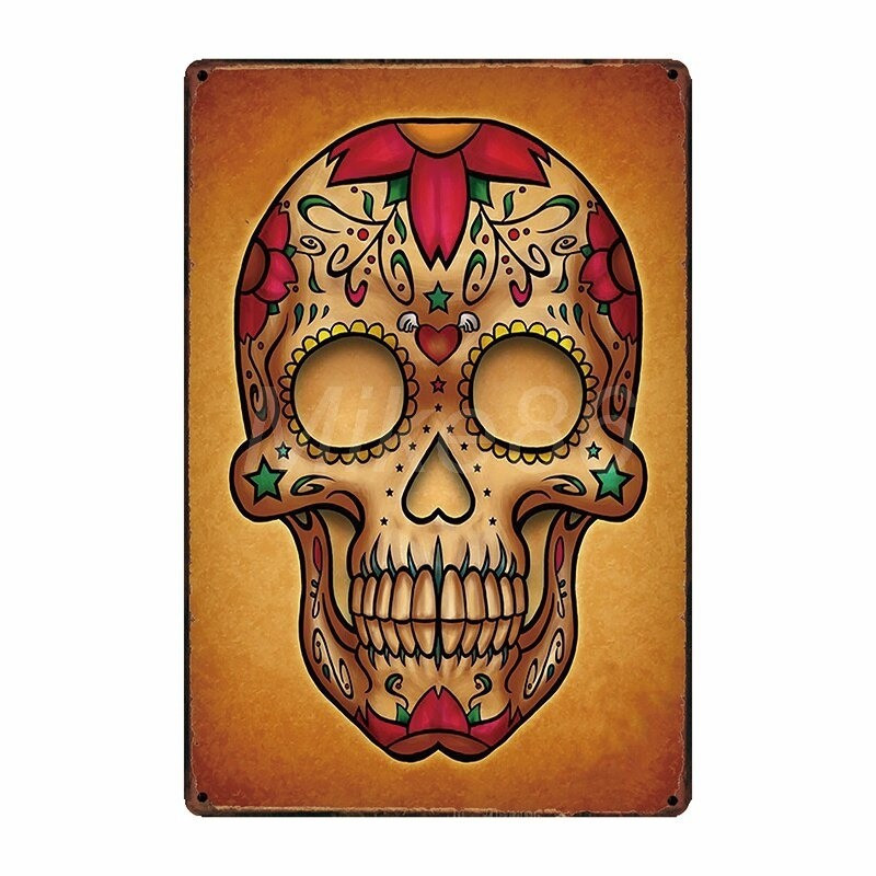 Plaque métal tête de mort avec crâne Mexicain Jour des morts 20x30 cm