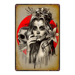 Magnifique Plaque métal tête de mort avec crâne Mexicain Santa Muerte Vintage