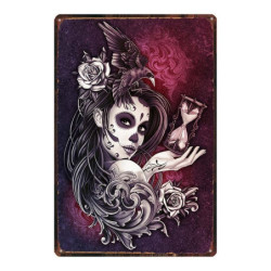 Plaque métal tête de mort crâne Mexicain Santa Muerte Vintage 20x30 cm