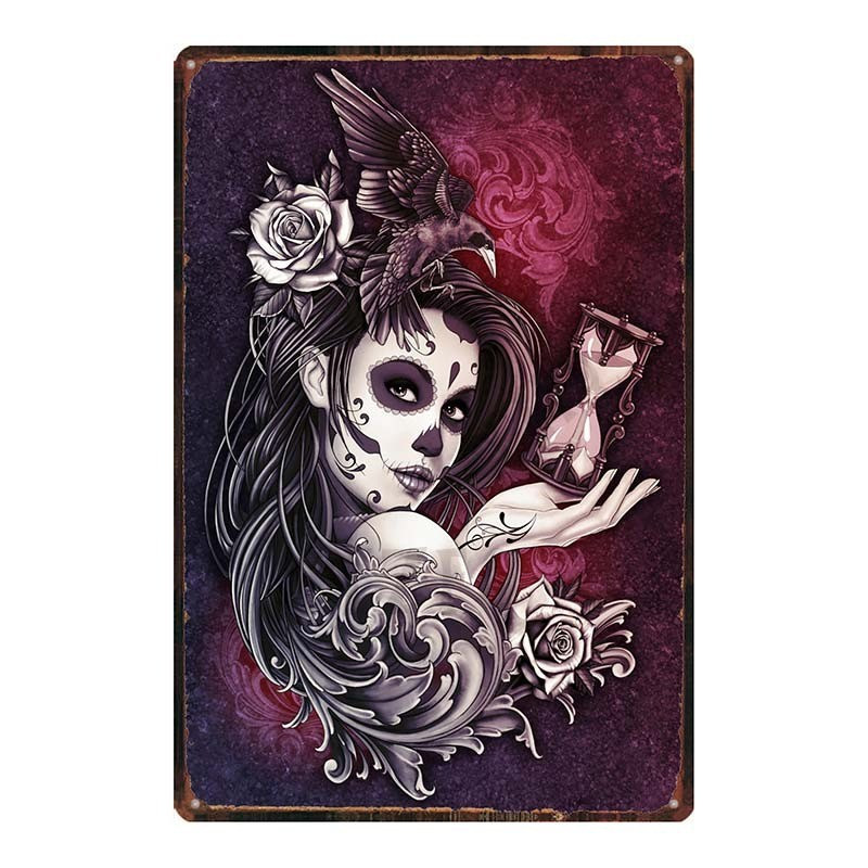 Plaque métal tête de mort crâne Mexicain Santa Muerte Vintage 20x30 cm