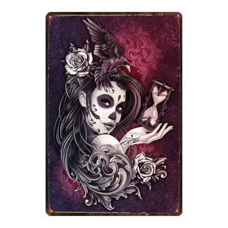Plaque métal tête de mort crâne Mexicain Santa Muerte Vintage 20x30 cm