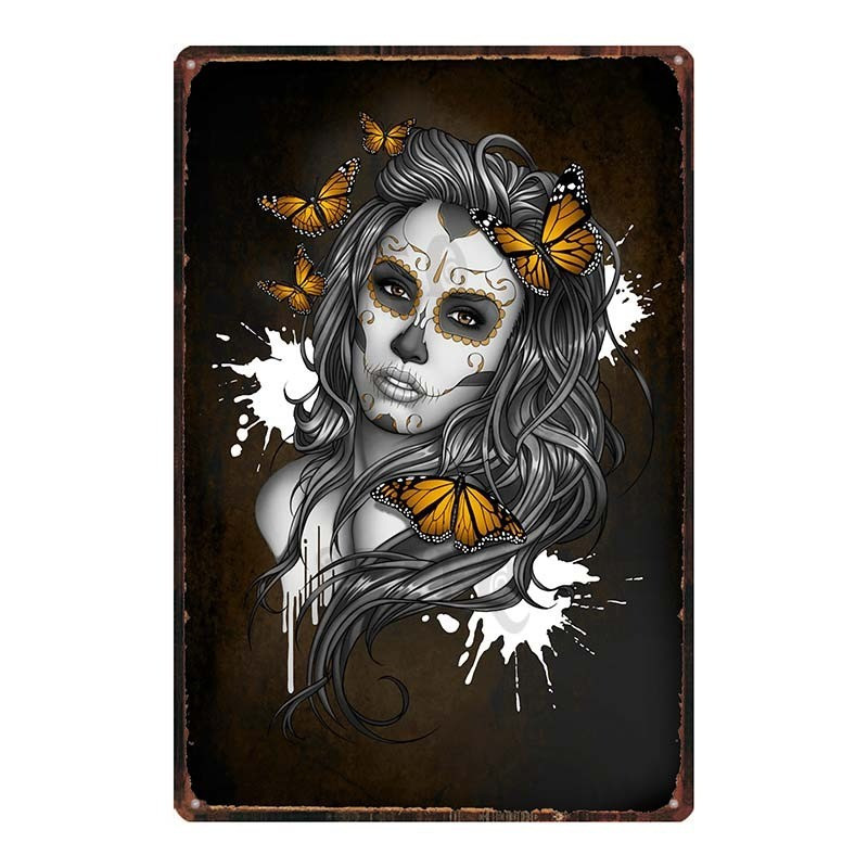 Plaque métal tête de mort crâne Mexicain Santa Muerte Vintage 20x30 cm