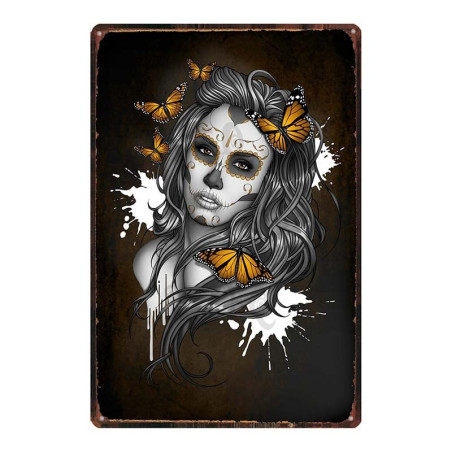 Plaque métal tête de mort crâne Mexicain Santa Muerte Vintage 20x30 cm