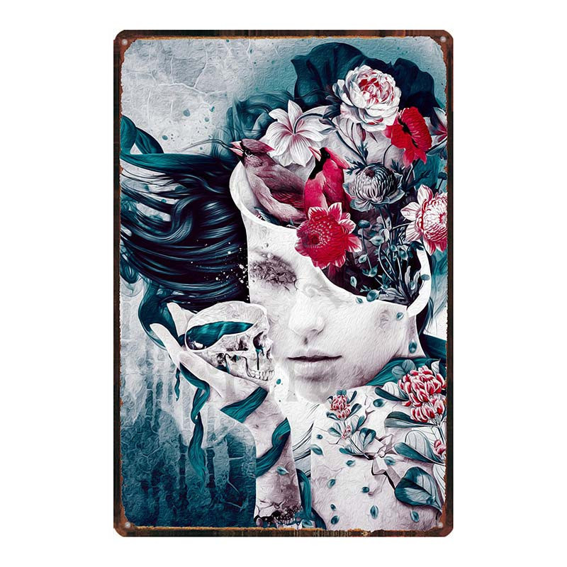 Plaque métal tête de mort crâne Mexicain Santa Muerte Vintage 20x30 cm