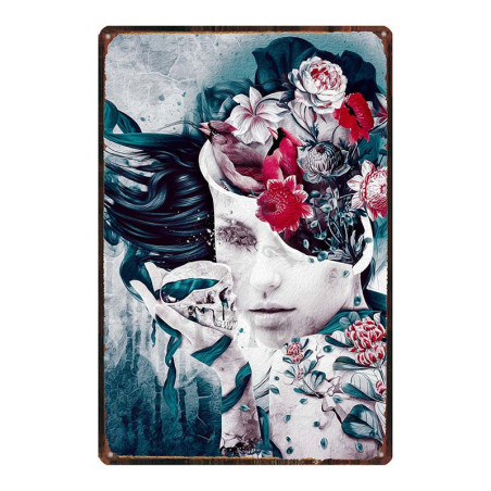 Plaque métal tête de mort crâne Mexicain Santa Muerte Vintage 20x30 cm
