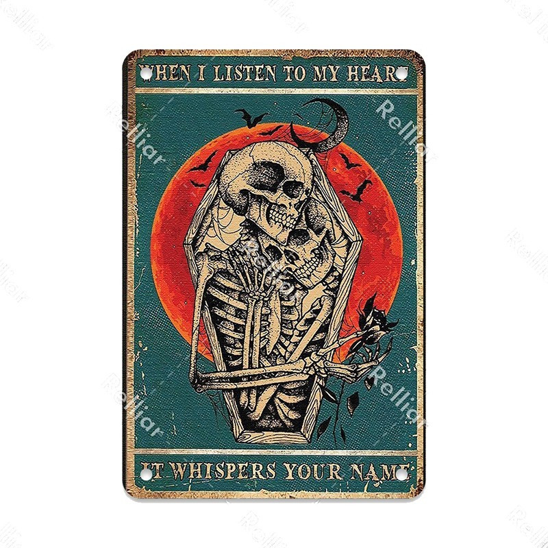 Plaque métal tête de mort avec crâne fleuri Vintage - 20 x 30 cm