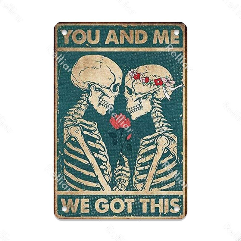 Plaque métal tête de mort avec crâne fleuri Vintage - 20 x 30 cm