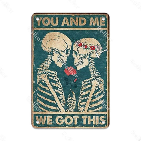 Plaque métal tête de mort avec crâne fleuri Vintage - 20 x 30 cm