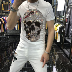 Tshirt tête de mort en strass slim fit blanc