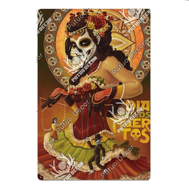 Plaque métal avec crâne mexicain jour des morts - nombreux modèles !