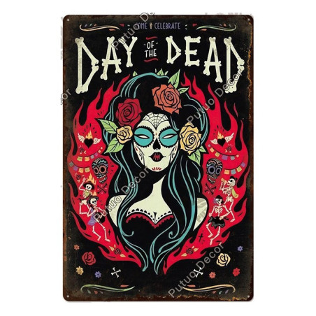 Plaque métal avec crâne mexicain jour des morts - nombreux modèles !