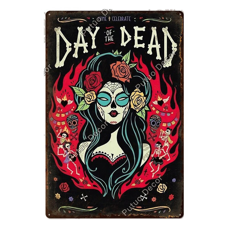 Plaque métal avec crâne mexicain jour des morts - nombreux modèles !