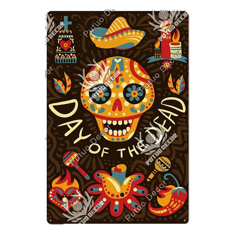 Plaque métal avec crâne mexicain jour des morts - nombreux modèles !