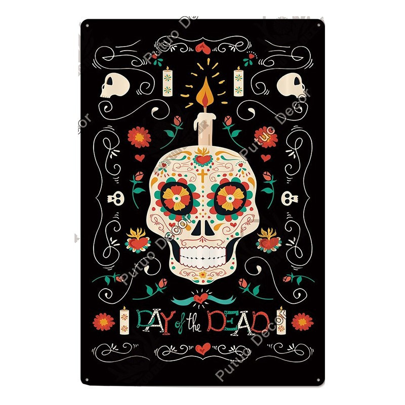 Plaque métal avec crâne mexicain jour des morts - nombreux modèles !