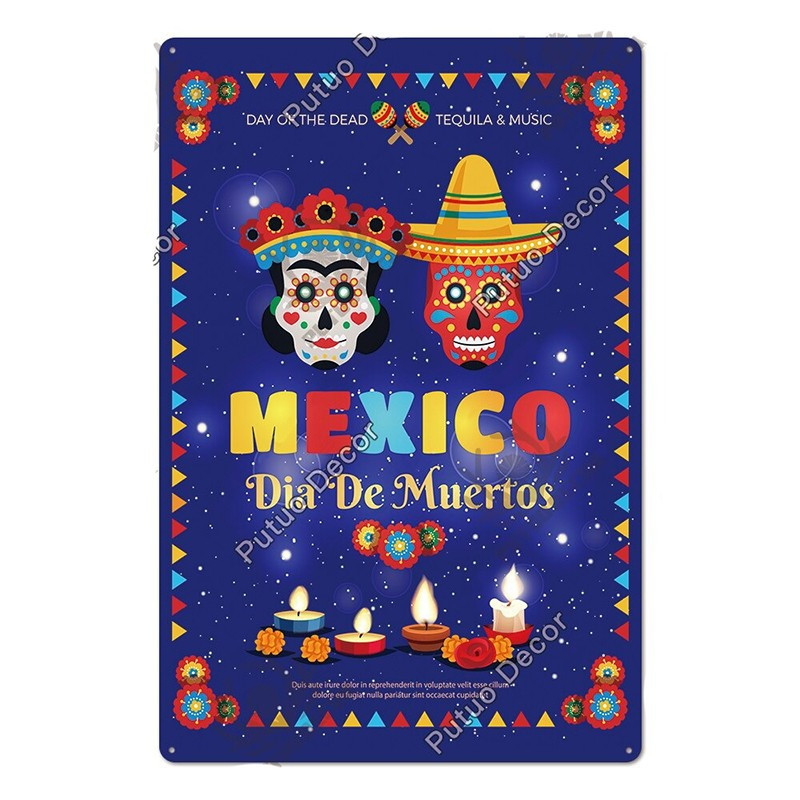 Plaque métal avec crâne mexicain jour des morts - nombreux modèles !