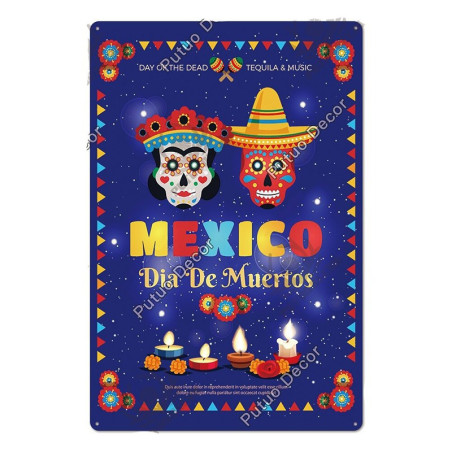 Plaque métal avec crâne mexicain jour des morts - nombreux modèles !
