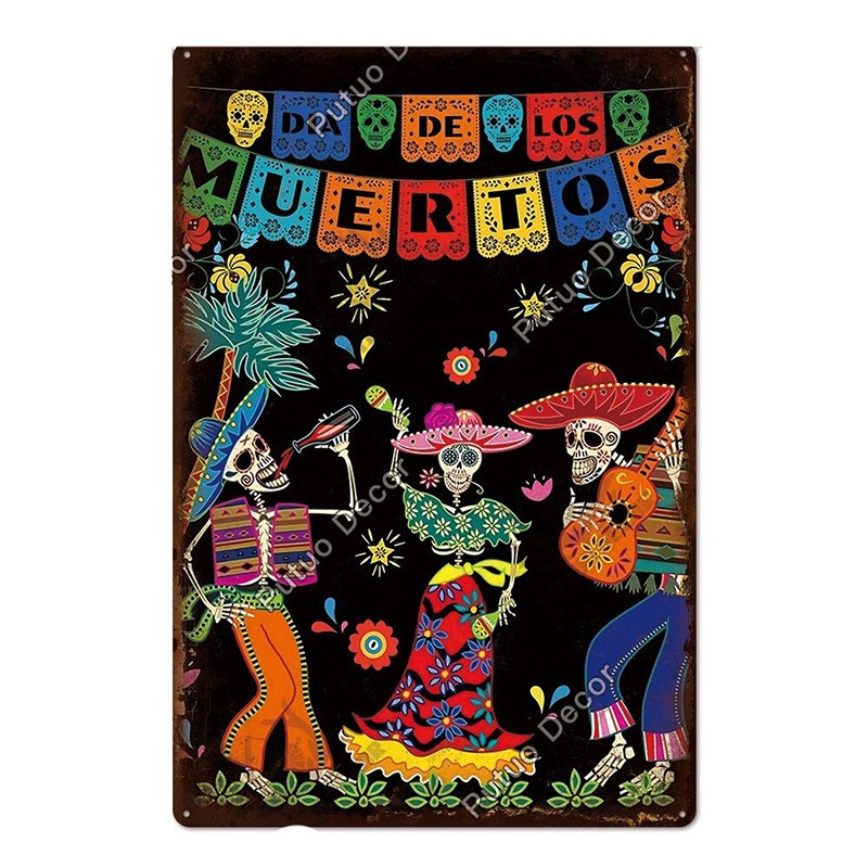 Plaque métal avec crâne mexicain jour des morts - nombreux modèles !