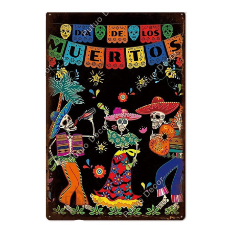 Plaque métal avec crâne mexicain jour des morts - nombreux modèles !