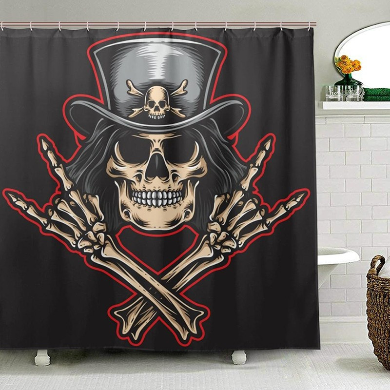 Magnifique Rideau de douche tête de mort avec crâne squelette !
