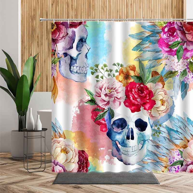 Rideau de douche tête de mort Crâne avec fleurs - Multiples Modèles !