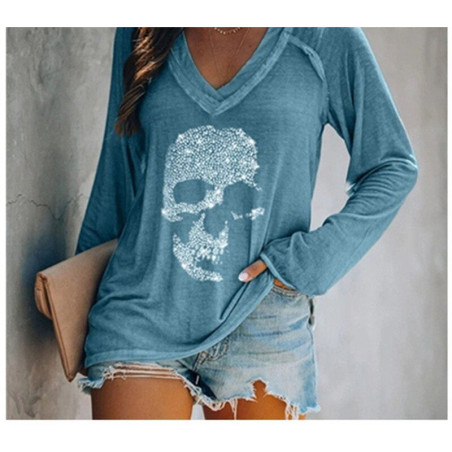 T-shirt Tête de mort à manches longues pour femmes - Crâne en strass !