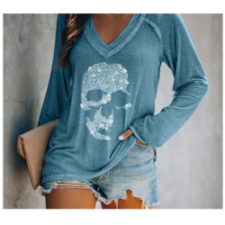 T-shirt Tête de mort à manches longues pour femmes - Crâne en strass !